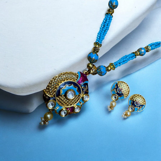 Elegant Sky Blue Beaded Necklace Set with Gold-Plated Pendant #P9