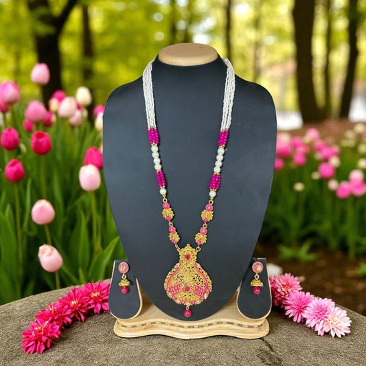 LMM - Traditional Pink & Gold Beaded Necklace Set with Earrings – Indian Bridal Jewelry