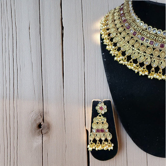 RADK3 - Bridal Jewelry Set Gold-Toned Necklace, Maang Tikka & Earrings with Ruby Stones