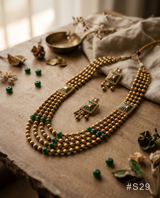 S29 - Antique Gold Plated Multi-Layer Beaded Rani Haar Necklace Set with Matching Earrings