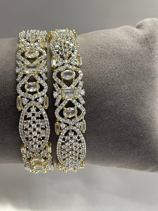 WAD1 - Brilliant American Diamond Floral Kadas – Silver & Gold Two-Tone Statement Bangles