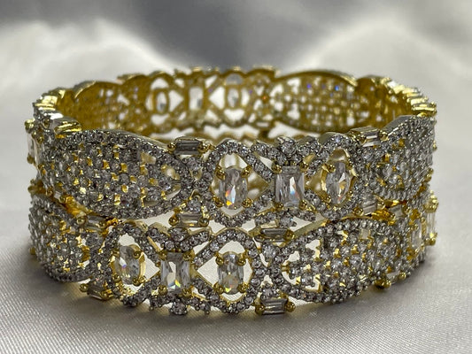 WAD1 - Brilliant American Diamond Floral Kadas – Silver & Gold Two-Tone Statement Bangles