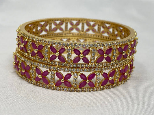 WAD25 - Regal Ruby Floral Kadas – Gold-Plated American Diamond Mesh Bangle Set - Zenia Creations