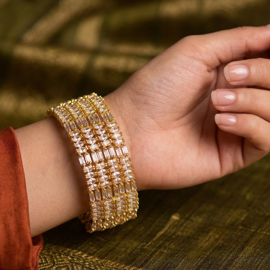 WAD5 - Brilliant Multi-Row American Diamond Kada – Gold-Plated Baguette & Marquise Statement Bangle - Zenia Creations