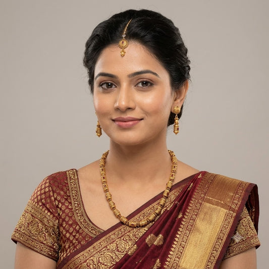 S22 - Traditional Antique Gold Matte Dholki Bead Necklace Set with Kemp Stones