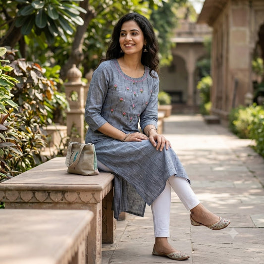 Kur-V2 Slate Grey Slub Cotton Straight Kurti – Floral Embroidered