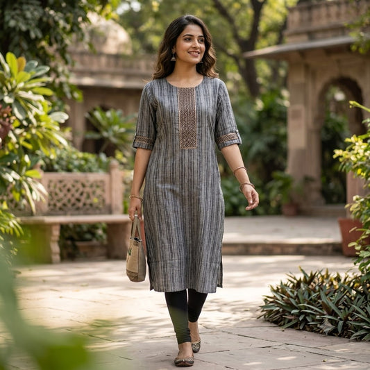 Kur-V1 Women’s Charcoal Grey Striped Slub Cotton Straight Kurti