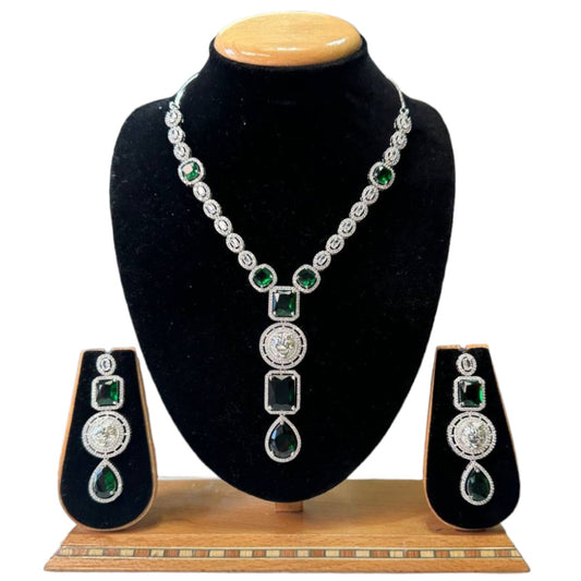 Premium Silver Hydro Green/Red AD Necklace with Earrings Set #ADS79