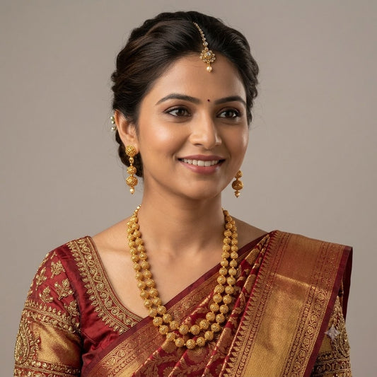 S10 - Gold Plated Jaali Sphere Long Necklace Double Layered Filigree Ball Rani Haar