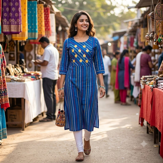 Kur-V8 Women’s Royal Blue Striped Cotton Straight Kurta – Embroidered Floral Yoke