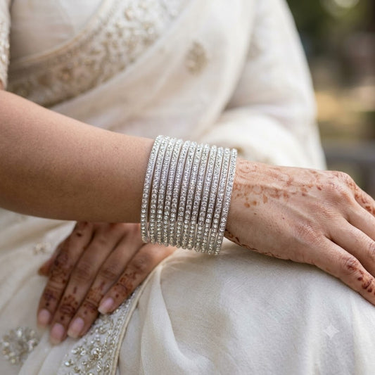 GlitB - Silver Glitter Glass Bangle Set with Champagne Gold Stone Work
