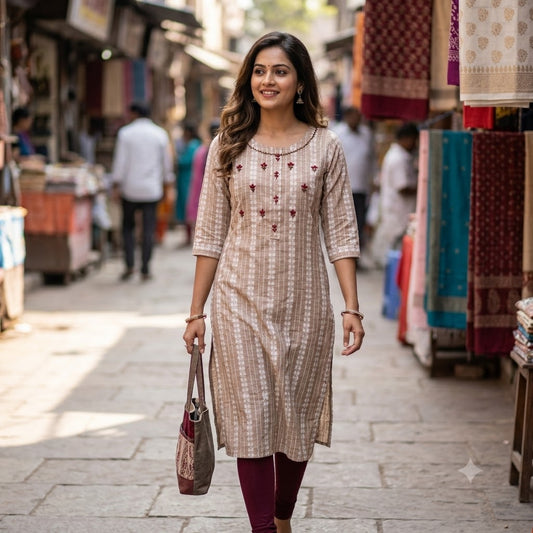 Kur-V7 Women’s Beige Khadi Cotton Straight Kurta – Embroidered Flora