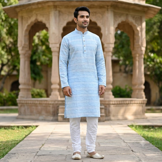 A5 - Men’s Sky Blue Slub Cotton Striped Kurta Pajama Set with White Churidar - Zenia Creations