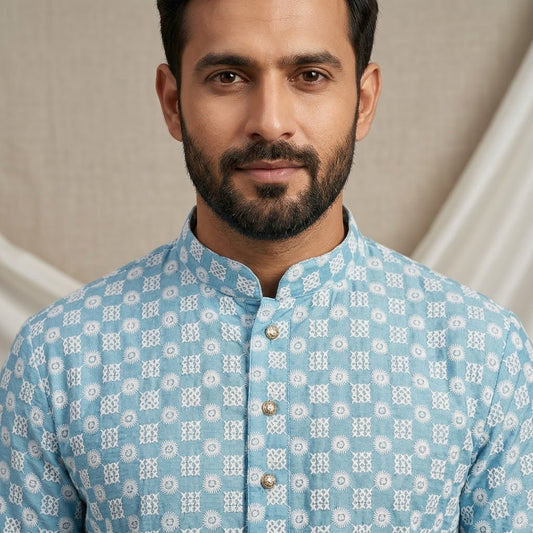 A11 - Men’s Sky Blue Embroidered Chikankari Cotton Kurta Set with White Churidar - Zenia Creations