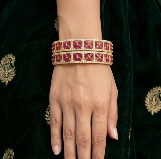 WAD25 - Regal Ruby Floral Kadas – Gold-Plated American Diamond Mesh Bangle Set - Zenia Creations