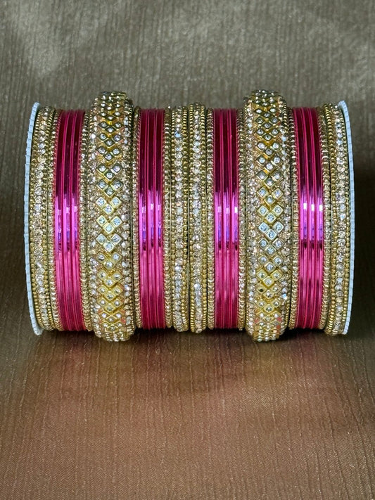 8056G - Gold-Tone Magenta Studded Bridal Bangle Set