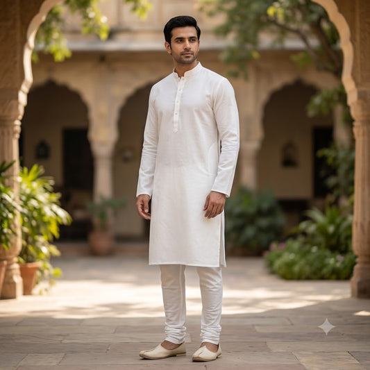 M7 - Men’s Plain Pure White Cotton Kurta Pajama Set with White Churidar - Zenia Creations