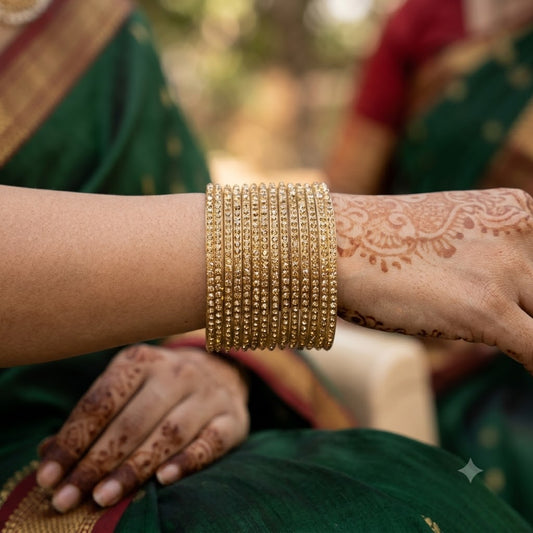 GlitB - Gold Glitter Glass Bangle Set with Champagne Gold Stone Work