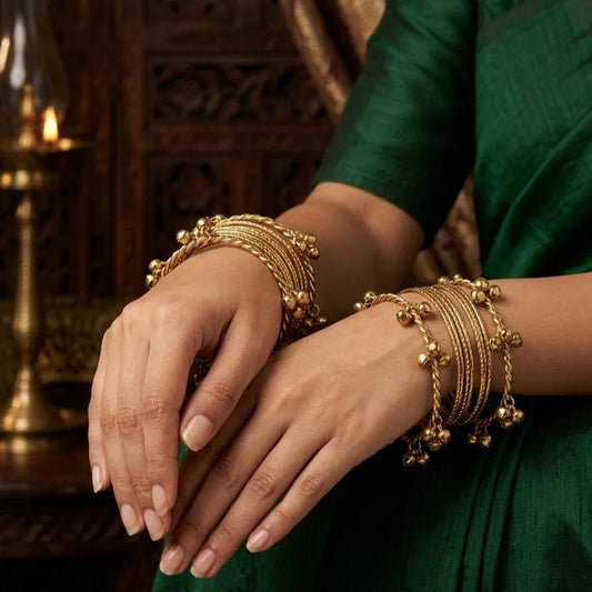 KMG - 4 Pc Kashmiri Mehendi Gold Antic Bangles with Bells - Zenia Creations