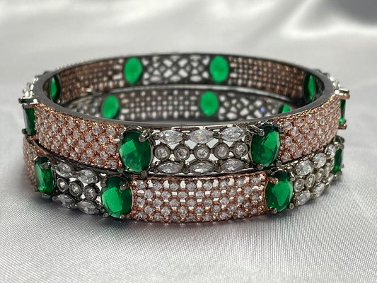 WAD3 - Majestic Emerald & American Diamond Kadas – Rose Gold and Gunmetal Dual-Tone Set - Zenia Creations