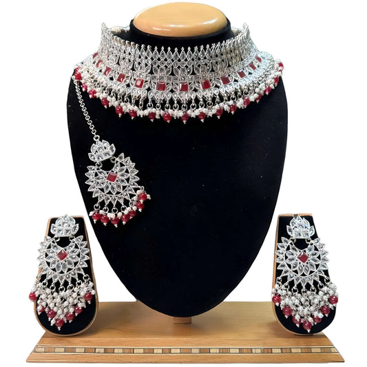 Bridal Silver Polki AD Choker Earrings And Mangtikka Set #PB11
