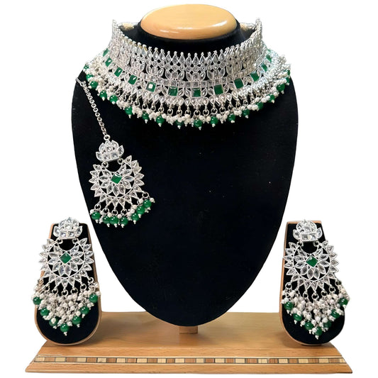 Bridal Silver Polki AD Choker Earrings And Mangtikka Set #PB11