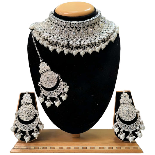 Bridal Silver Polki AD Choker Earrings And Mangtikka Set #PB12