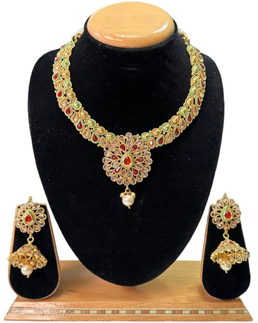 Gold Plated Polki Necklace & Earring Set With Reverse AD Stones and Meenakari #RAD76 - Zenia Creations