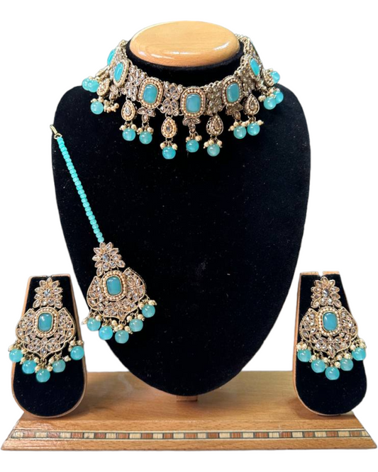 Mehendi Antique Finish Polki AD Choker Necklace Earrings And Mang Tikka Set #PC1