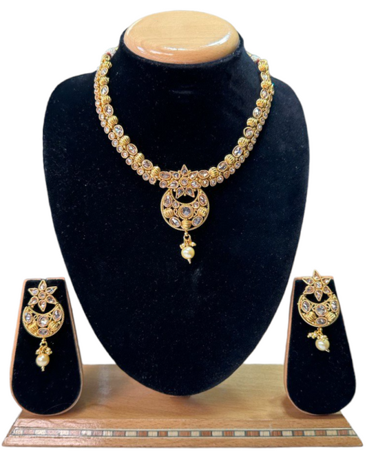 Gold Plated Polki Necklace & Earring Set With Reverse AD Stones #RAD82 - Zenia Creations