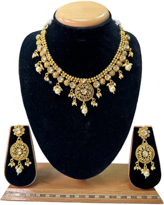 Gold Plated Kundan Necklace & Earring Set With Pearl Drops #RAD83 - Zenia Creations