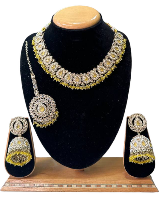 Mehendi Finish Polki With Mona Lisa Stones Necklace Earrings And Mangtikka Set #PS15 - Zenia Creations