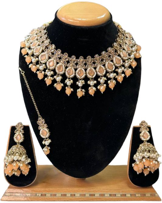 Mehendi Finish Polki With Mona Lisa Stones Necklace Earrings And Mangtikka Set #PS18 - Zenia Creations