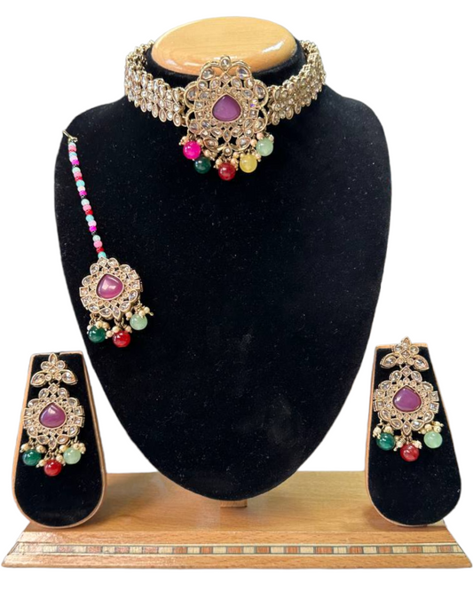 Mehendi Antique Finish Polki AD Choker Necklace Earrings And Mang Tikka Set #PC4