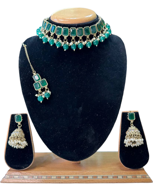 Mehendi Antique Finish Polki AD Choker Necklace Earrings And Mang Tikka Set #PC5