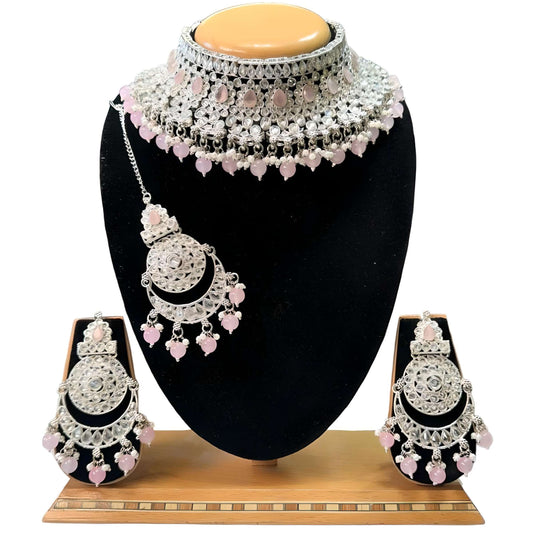 Bridal Silver Polki AD Choker Earrings And Mangtikka Set #PB12