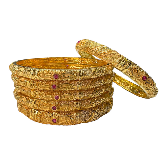 24k 1 Gram Gold Plated Hand Crafted With Ruby 6pc Bangles Set GB29 - Zenia Creations