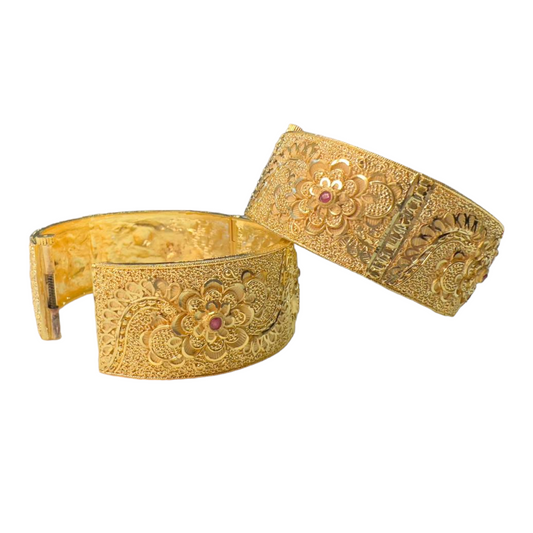 24k 1 Gram Gold Plated Hand Crafted 2pc Openable Broad Kada Bracelet Set GK27