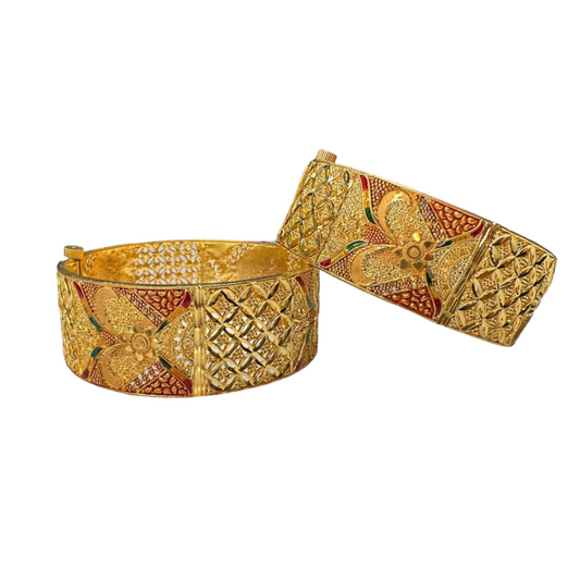 24k 1 Gram Gold Plated Hand Crafted 2pc Openable Broad Kada Bracelet Set GK28