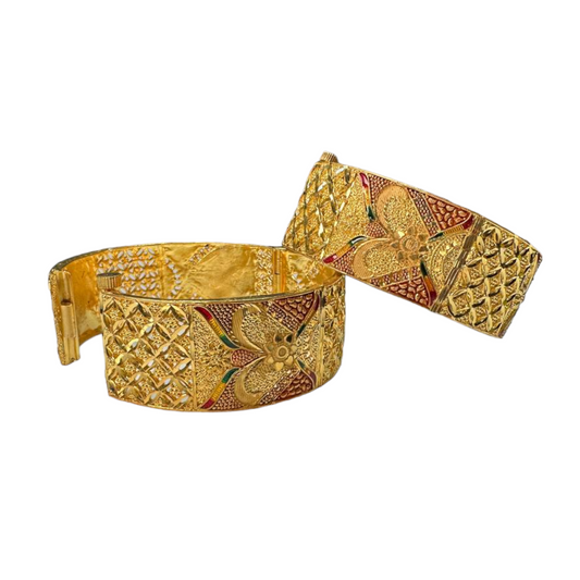 24k 1 Gram Gold Plated Hand Crafted 2pc Openable Broad Kada Bracelet Set GK28