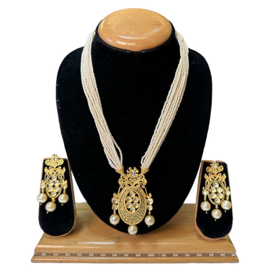 Gold Plated Rajwadi Polish With Kundan & Meenakari Mala Necklace & Earrings Set H13
