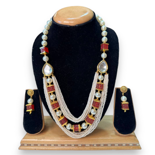 Kundan & Pearl Long Mala Necklace & Earrings Set H14