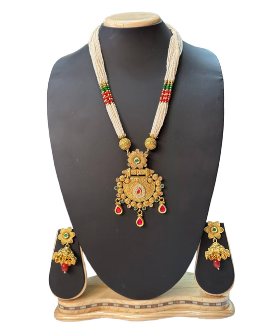 Gold Plated Kundan Long Mala Necklace & Earrings Set H17