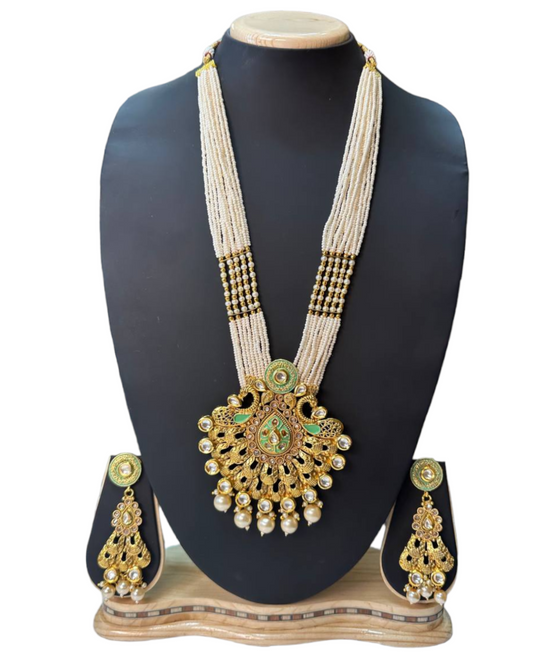 Gold Plated Polki & Kundan Long Mala Necklace & Earrings Set H21