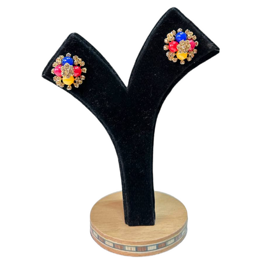 Gold with Multi Color Pearls Studs Earrings #DE16