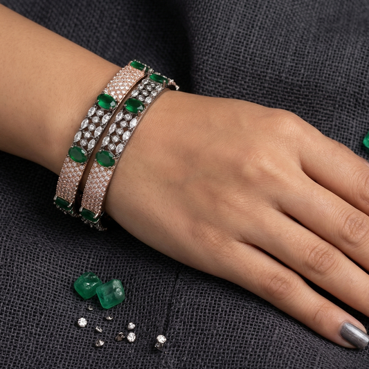 WAD3 - Majestic Emerald & American Diamond Kadas – Rose Gold and Gunmetal Dual-Tone Set - Zenia Creations