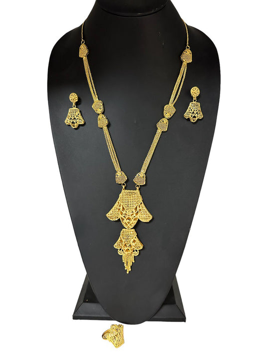 24k Gold Plated Long Necklace Earrings and Finger Ring Set #4084-3