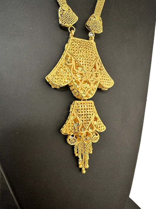 24k Gold Plated Long Necklace Earrings and Finger Ring Set #4084-3