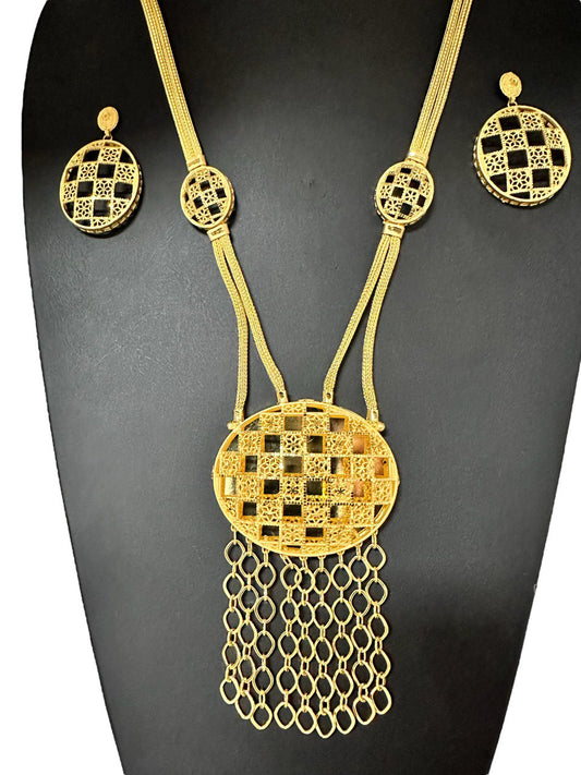 24k 1g Gold Plated Long Necklace Earrings and Finger Ring Set Indian Jewelry #4922-1