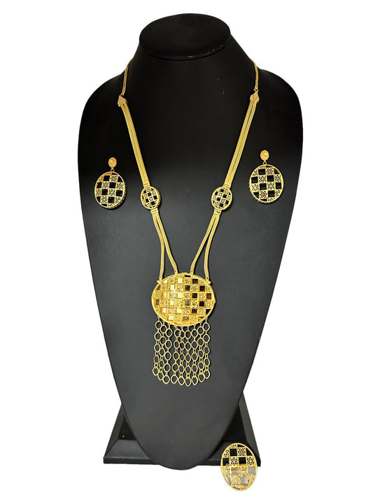 24k 1g Gold Plated Long Necklace Earrings and Finger Ring Set Indian Jewelry #4922-1